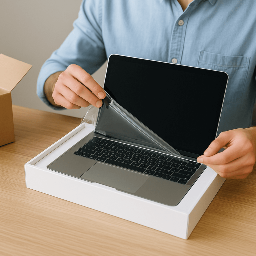 Person unboxing a sealed laptop or smartphone in pristine condition