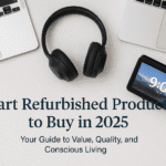 mart Refurbished product, laptop, wireless headphones, and Amazon Echo Show 5 on a light background — banner image for Smart Refurbished Products to Buy in 2025.