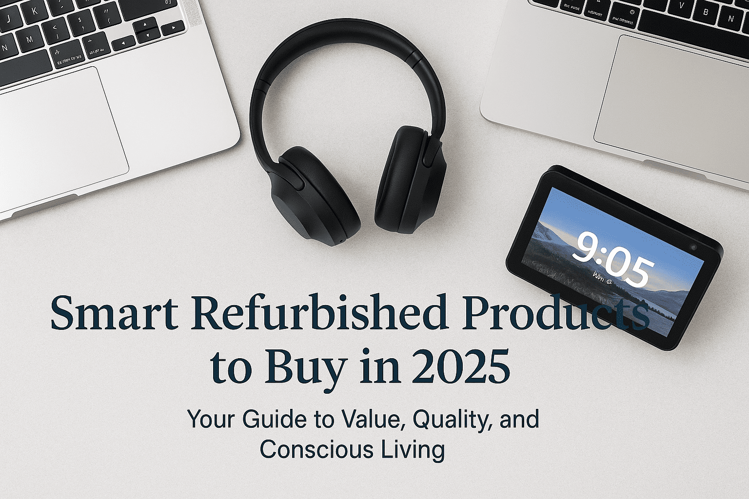 mart Refurbished product, laptop, wireless headphones, and Amazon Echo Show 5 on a light background — banner image for Smart Refurbished Products to Buy in 2025.