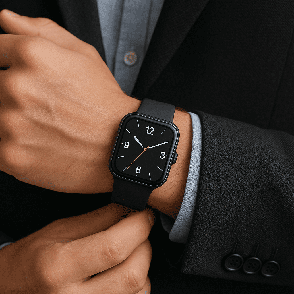 smartwatch with silicone strap on a neutral background